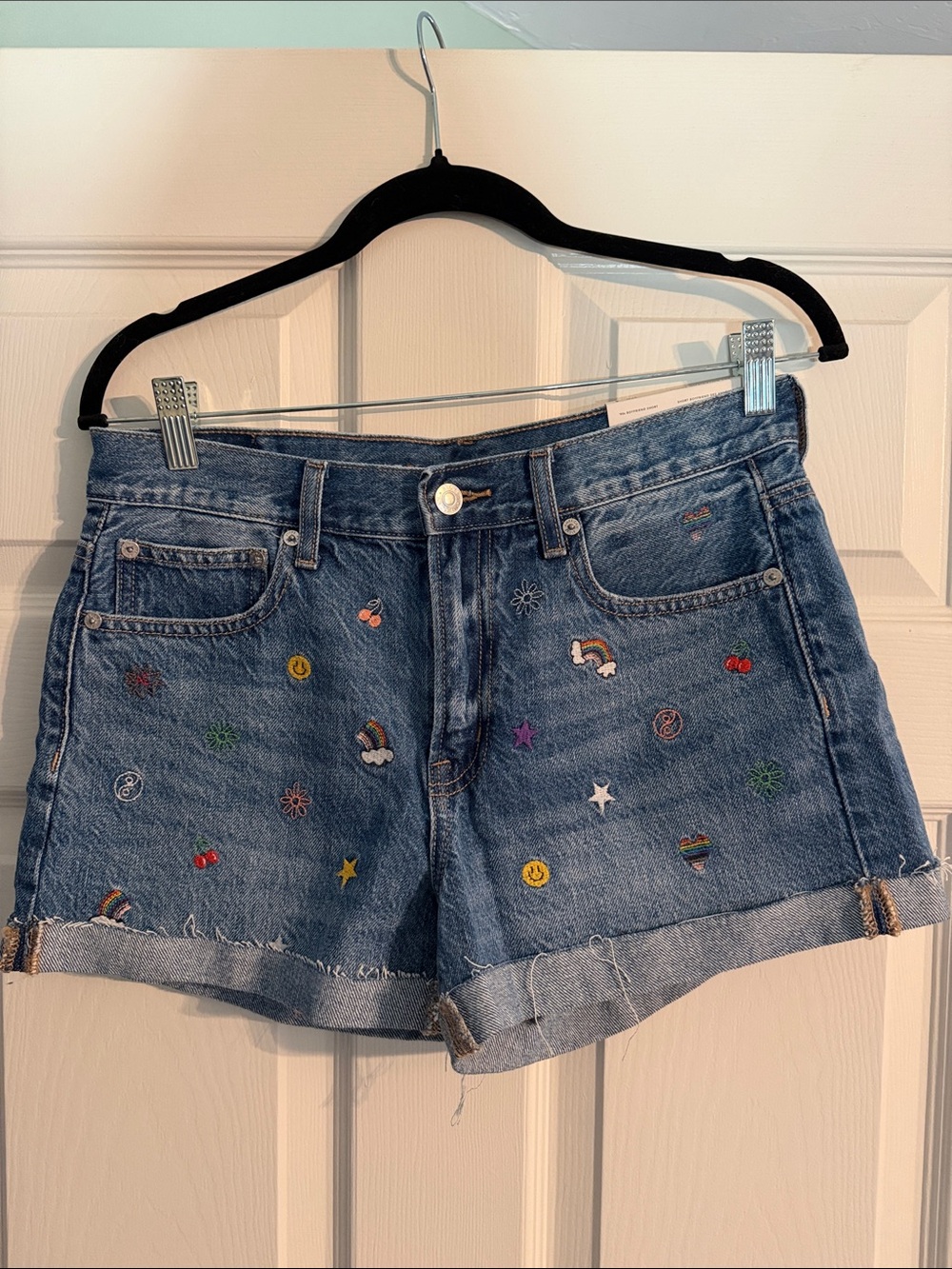 American Eagle Outfitters Blue Denim Shorts with Colorful Embroidery